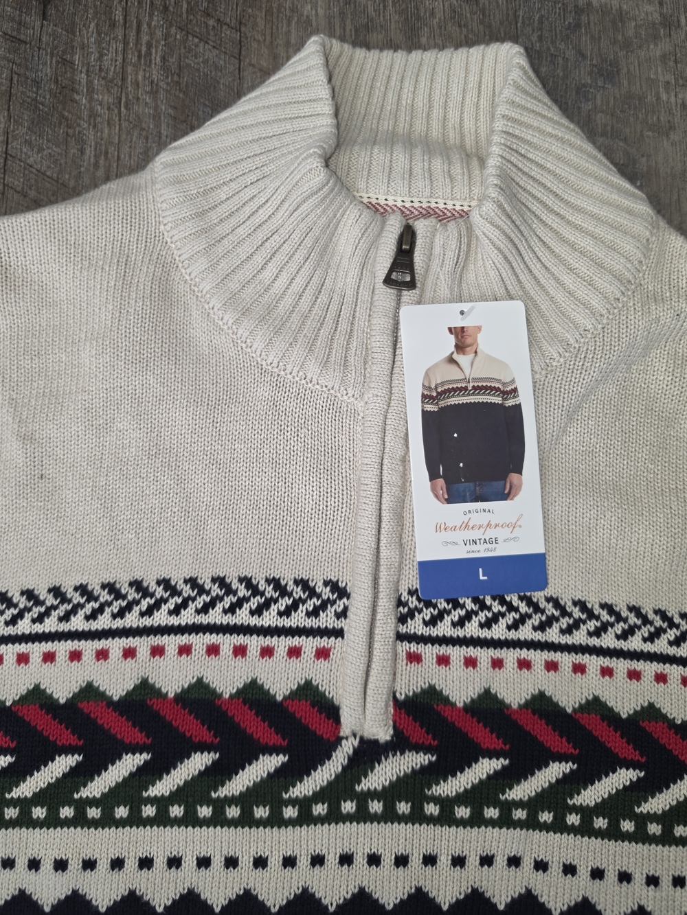 Weatherproof Cream Half-Zip Sweater with Navy, Green & Red Fair Isle